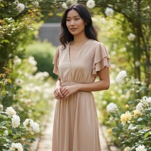 🌸 Chenault Pleated Midi Dress – Blush / Rose Gold Tone (Stretchy)